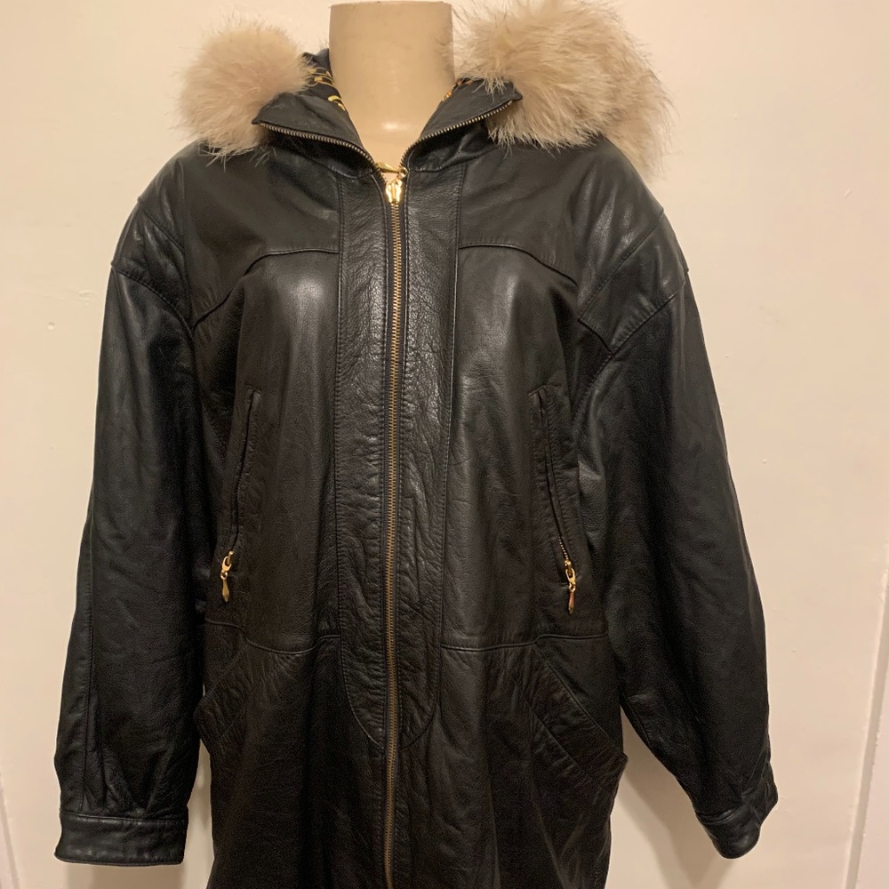 "Jacqueline Ferrar" Genuine Leather/Coyote Fur Trim Jacket